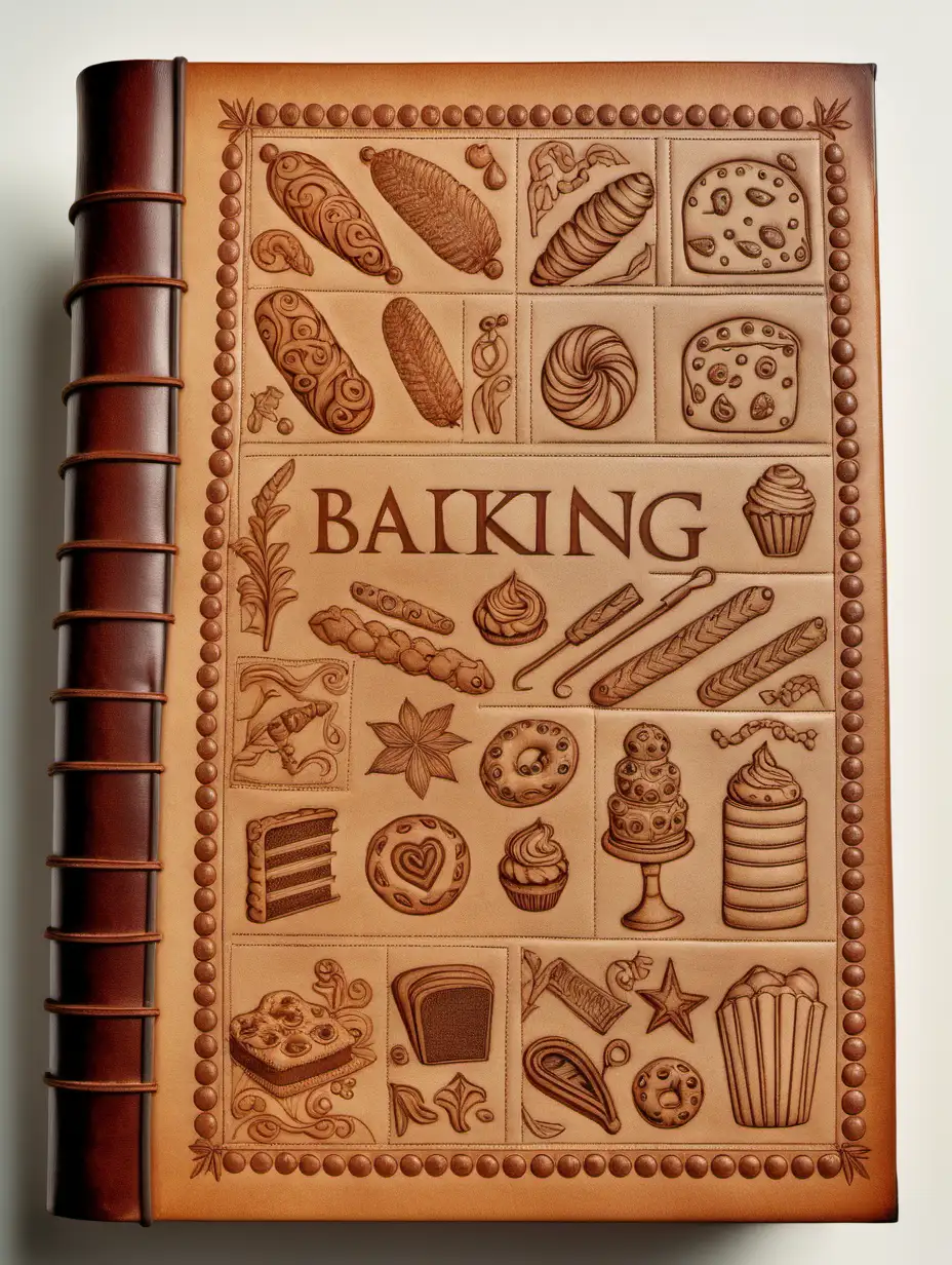 front aligned view of the narrow border of small designs on a blank book covered in leather in the theme "baking"