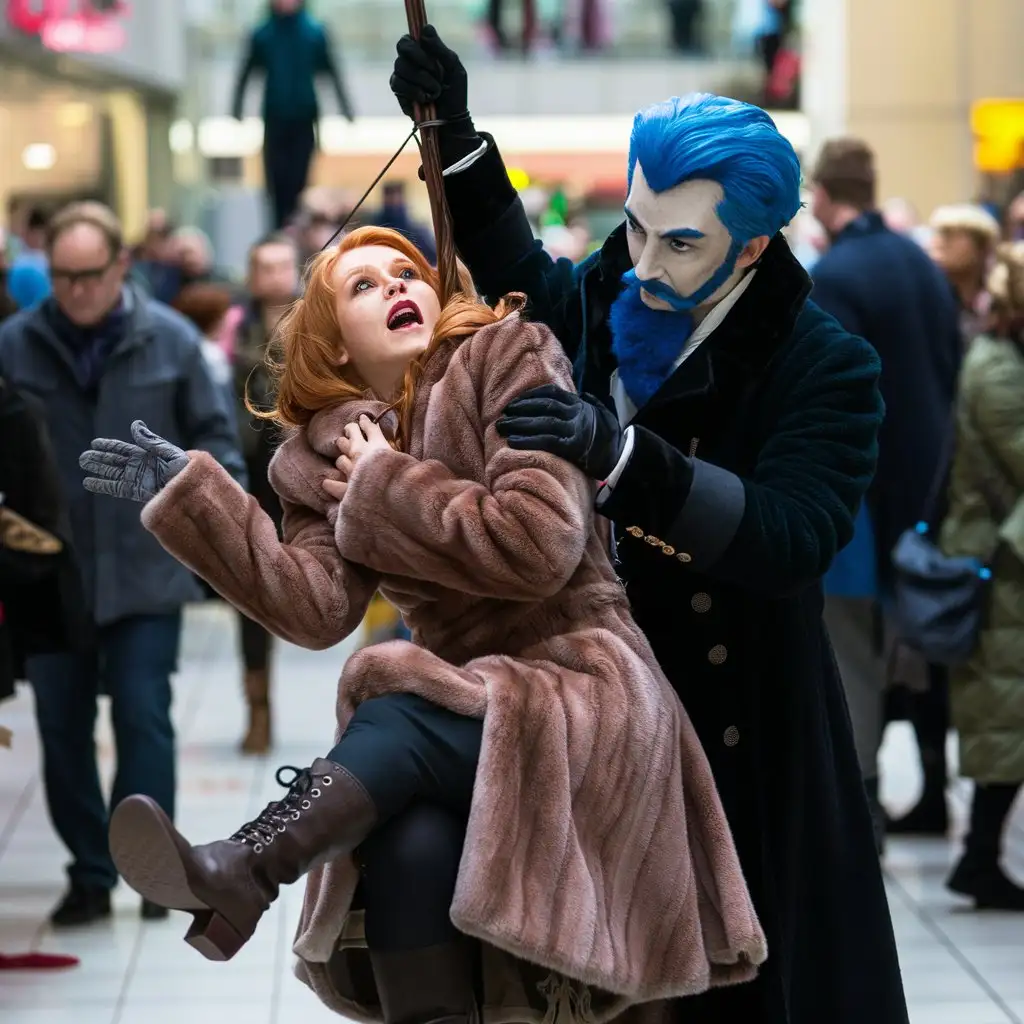 redhead woman in fur coat and boots strangled with a wire from behind by aristocratic young man with blue beard in shopping mall