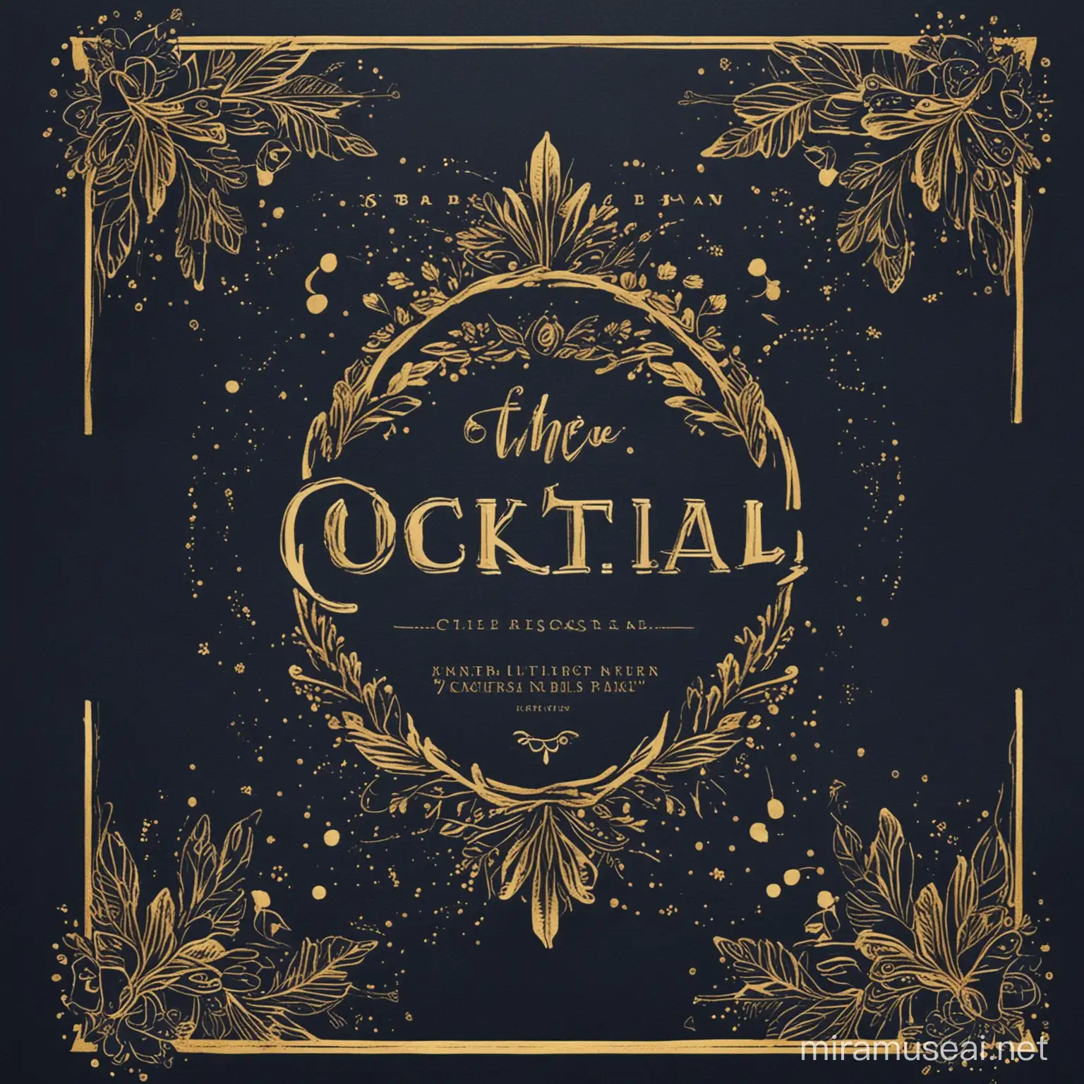 create me a first welcome page for a cocktail bar, dark grren, navy blue, golden patterns, one golden achor in the front