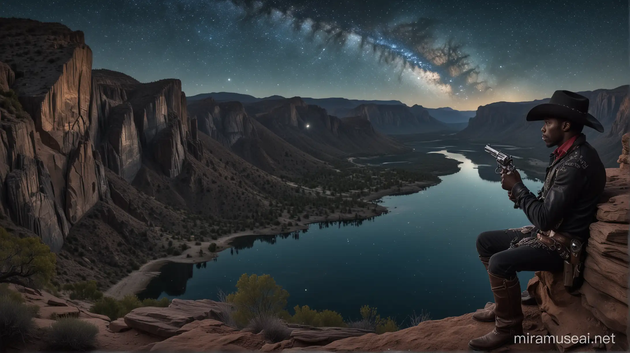 Black Cowboy sitting on the right side of cliff with a revolver in his left hand with a beautiful lake below and a starry night sky with other planets visible