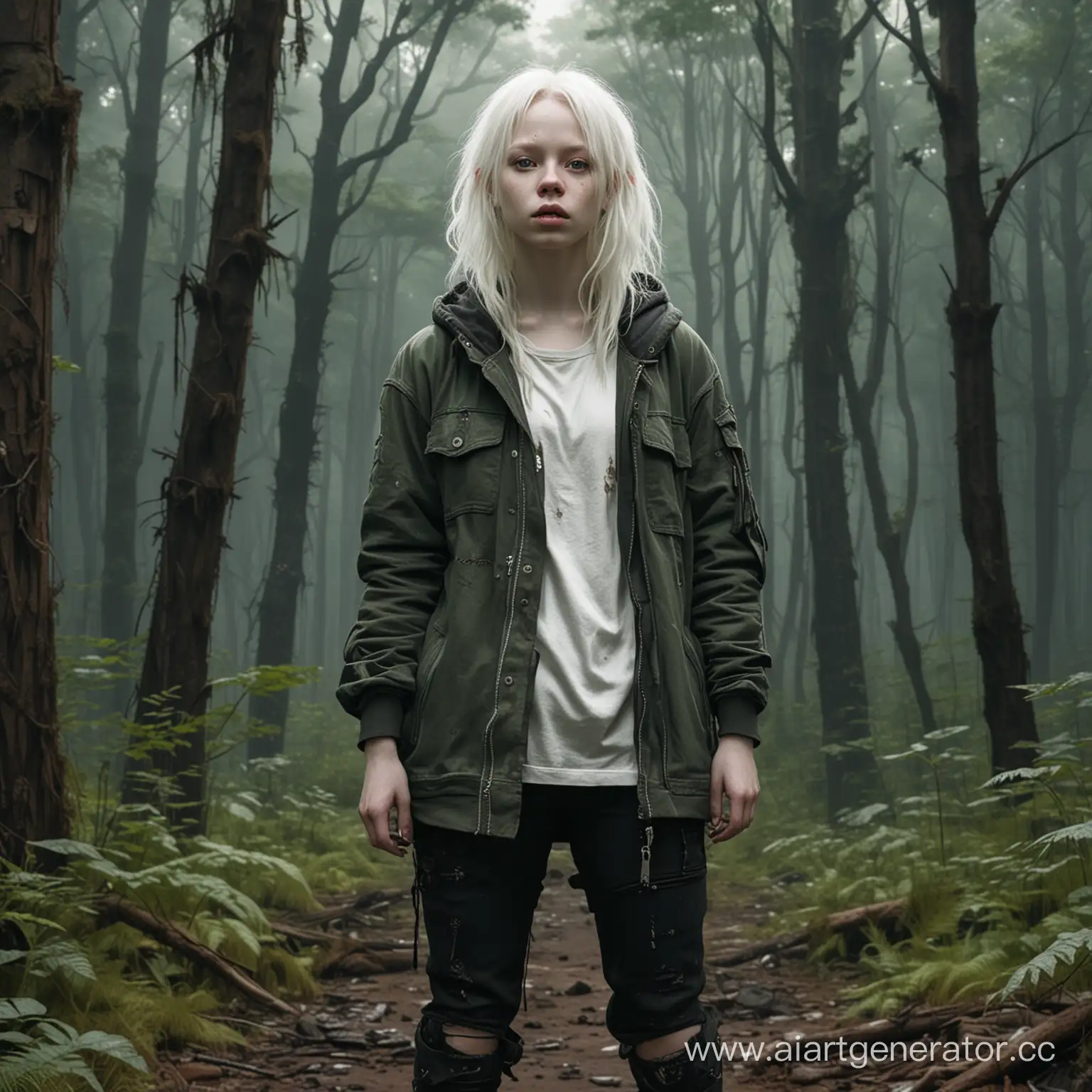 нарисуй девушку альбиноску в постапокалипсис, в темной, мешковатой одежде, в зеленом лесу