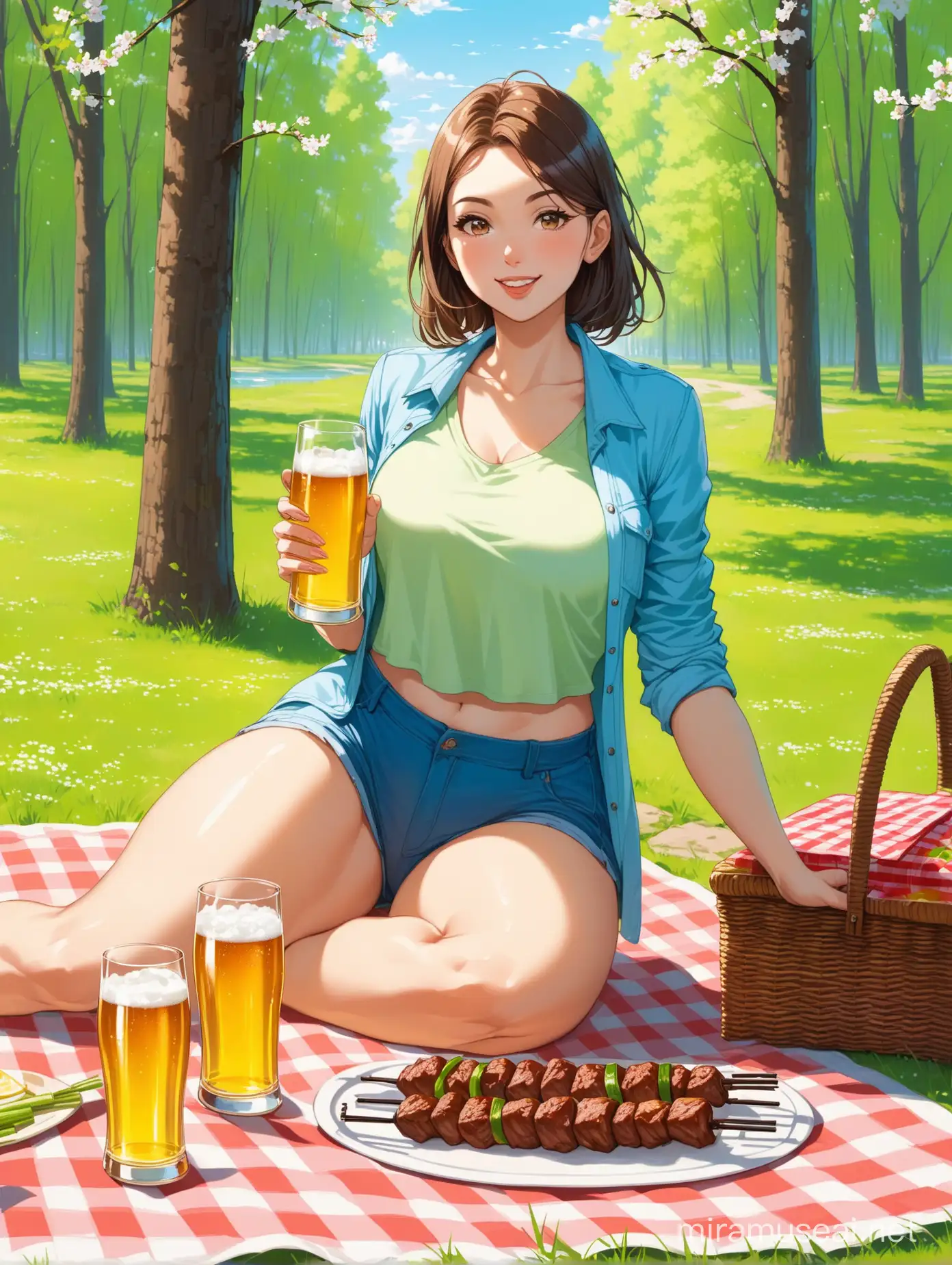 adult tall woman with shashlik, nature, picnic, spring, vodka, beer, sunny