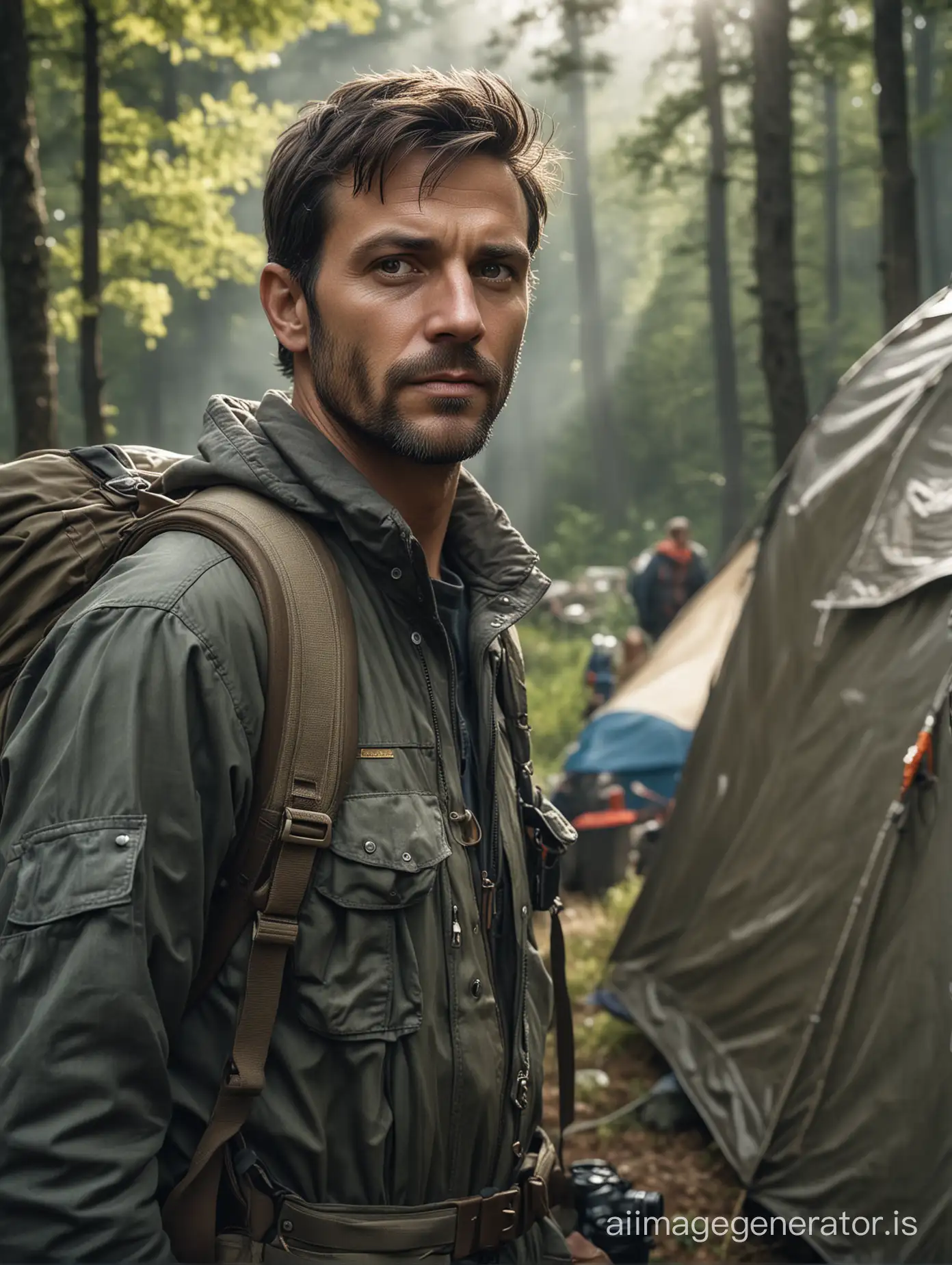 Man-Standing-in-Nature-A-Hyperrealistic-Camping-Portrait