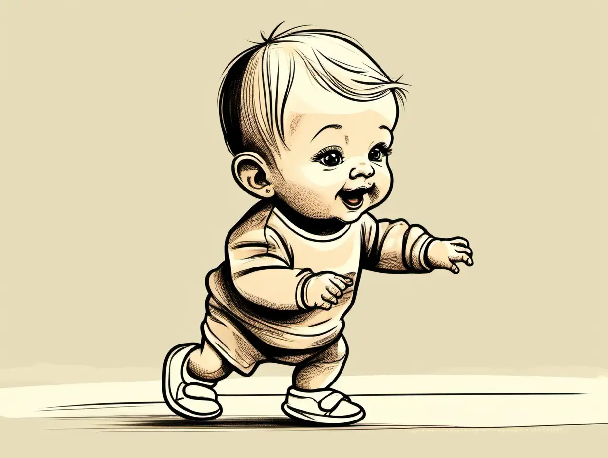 Adorable Cartoon Baby Taking First Steps in Learning to Walk