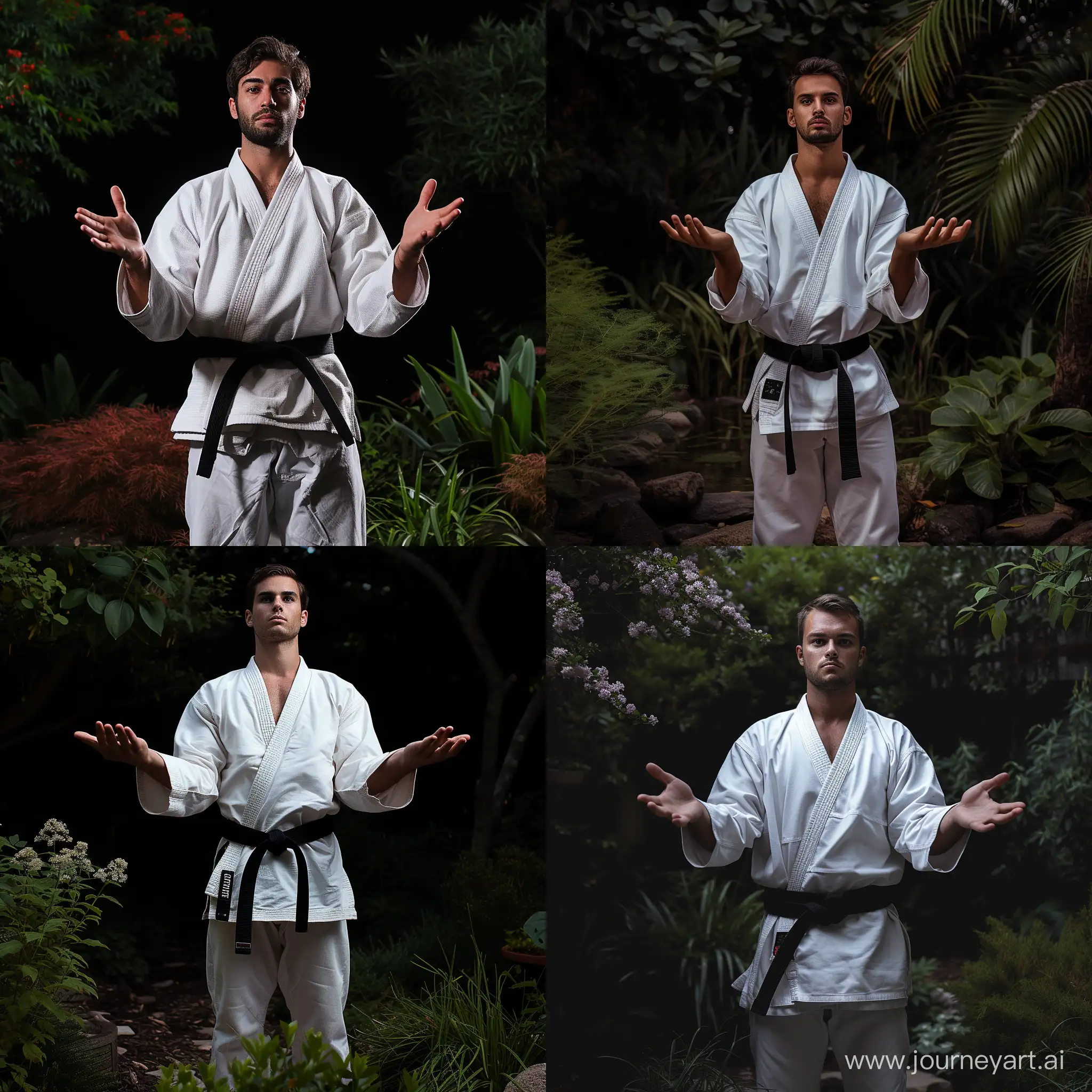black background. normal fit man stands in a gard with open hands. wearing a white jujutus kai gi. black belt. show his whole body. 