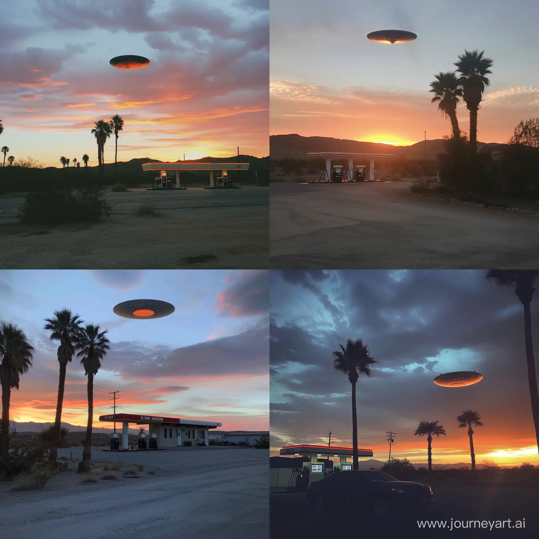 Desert gas station sunset aesthetic landscape little palms ufo above