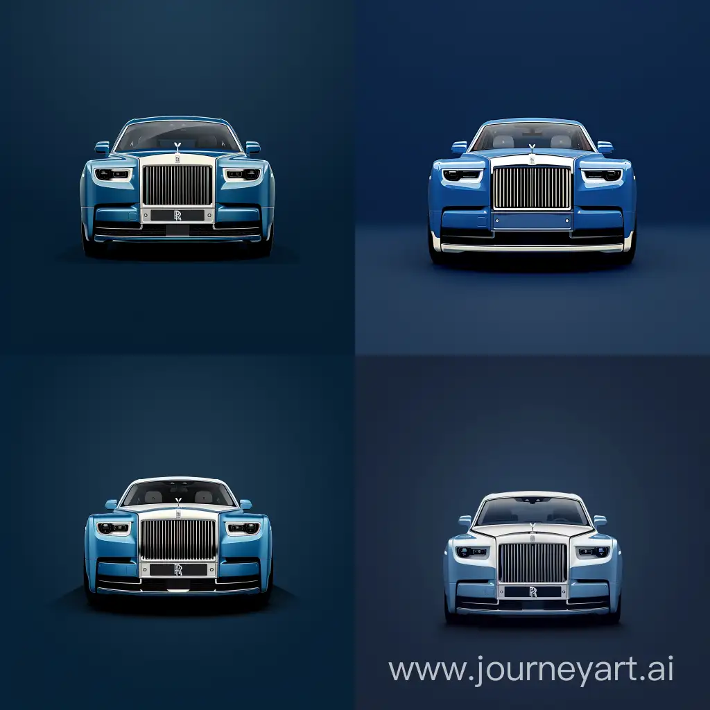 Minimalism 2D Illustration Car of Front View, RollsRoyce Phantom: Blue Body Color & White Body Details, Simple Dark Blue Background, Cinematic Photography, Adobe Illustrator Software, High Precision
