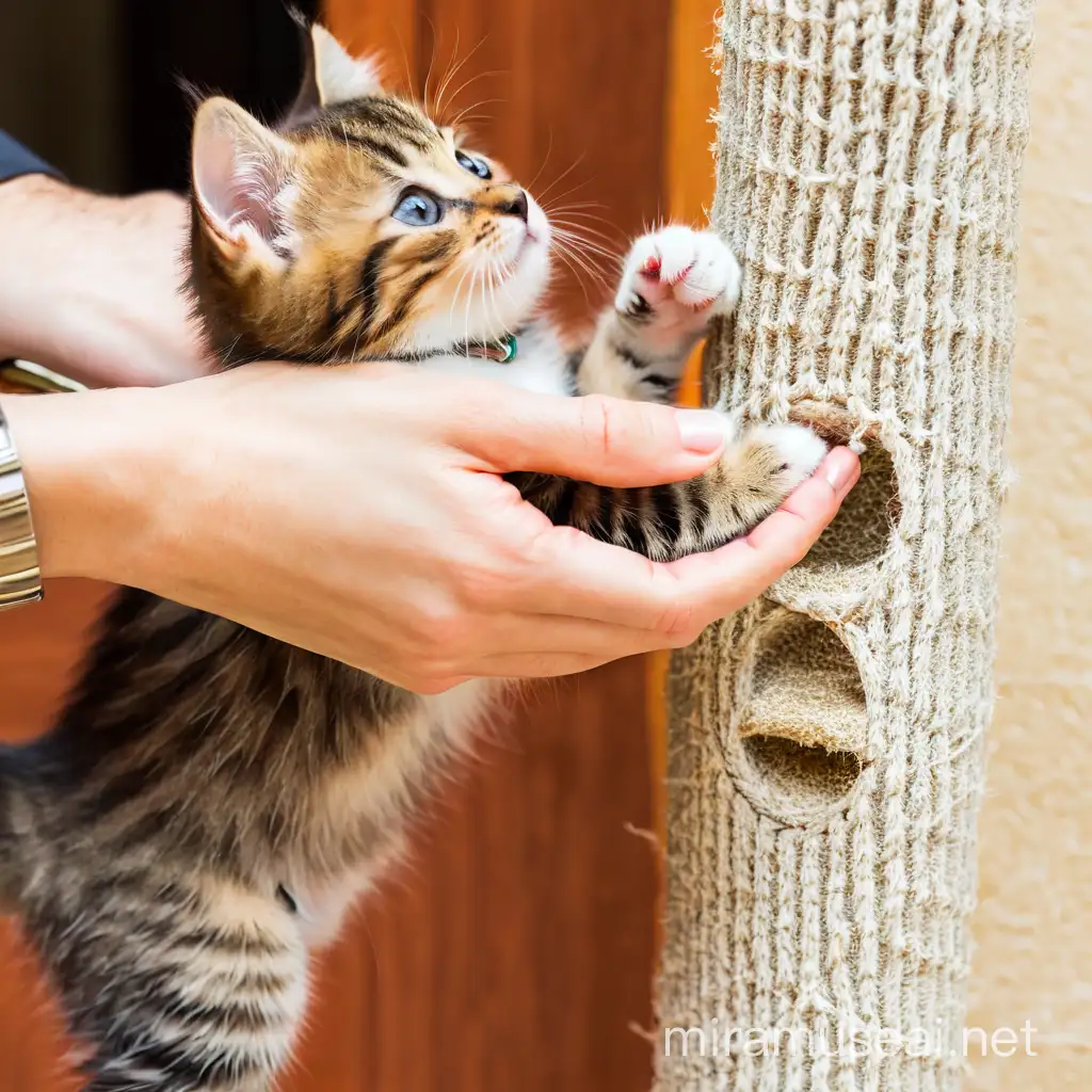 Adorable Kitten Playing with Scratching Post