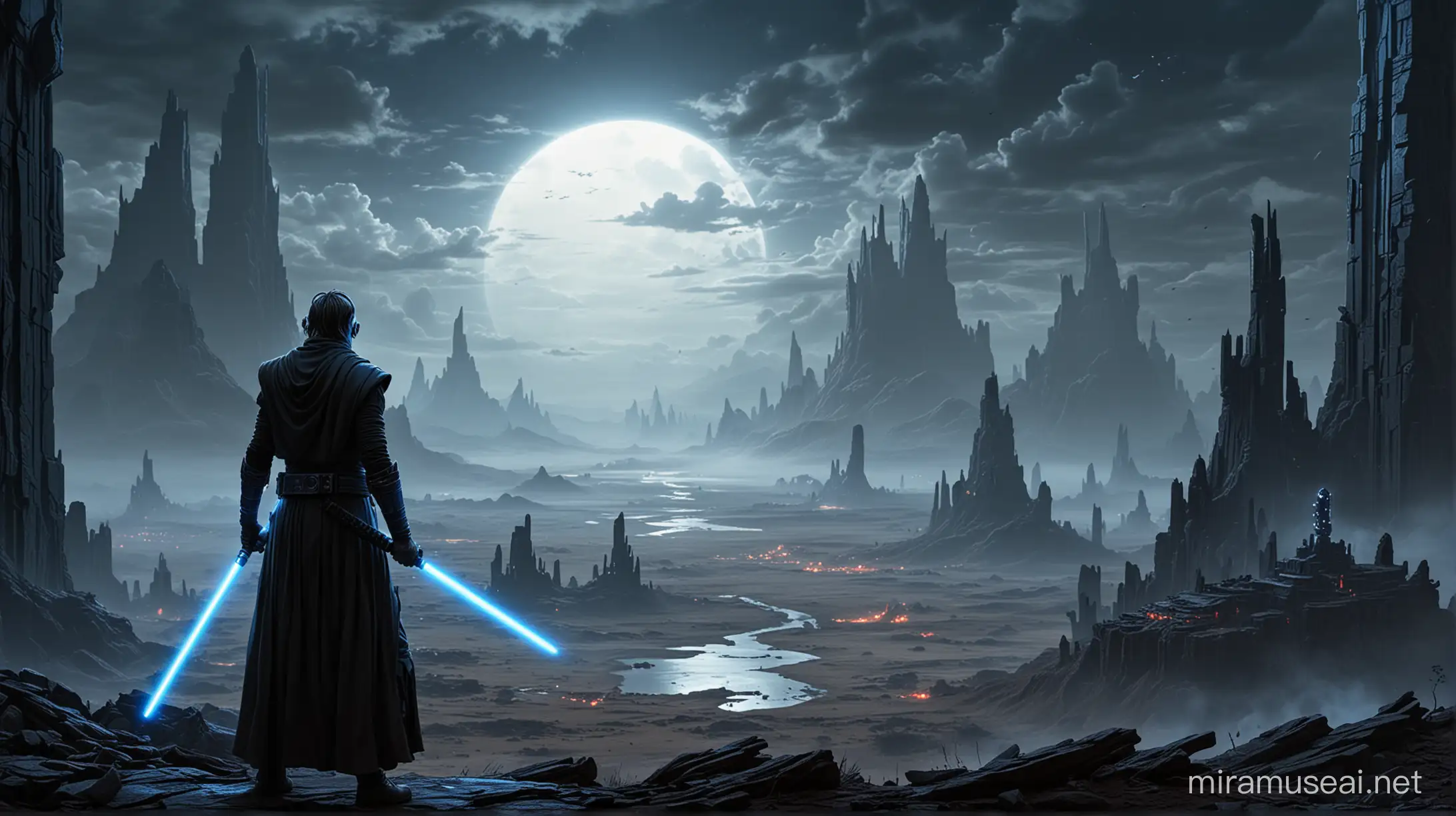 Jedi ténébreux, paysage apocaliptyque, temple au loin, sabre-laser bleu