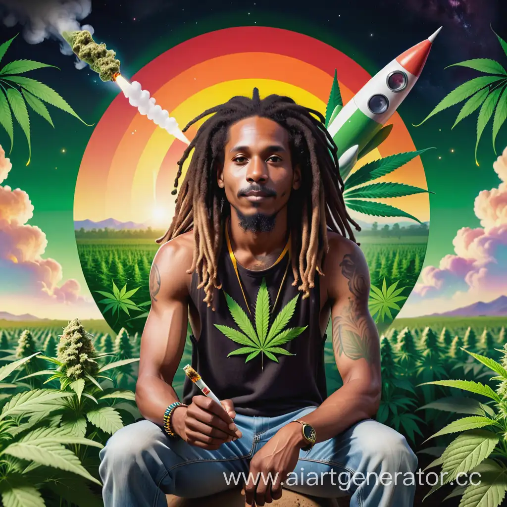 Rastafarian-Astronaut-on-Cannabis-Rocket-overlooking-Marijuana-Farm