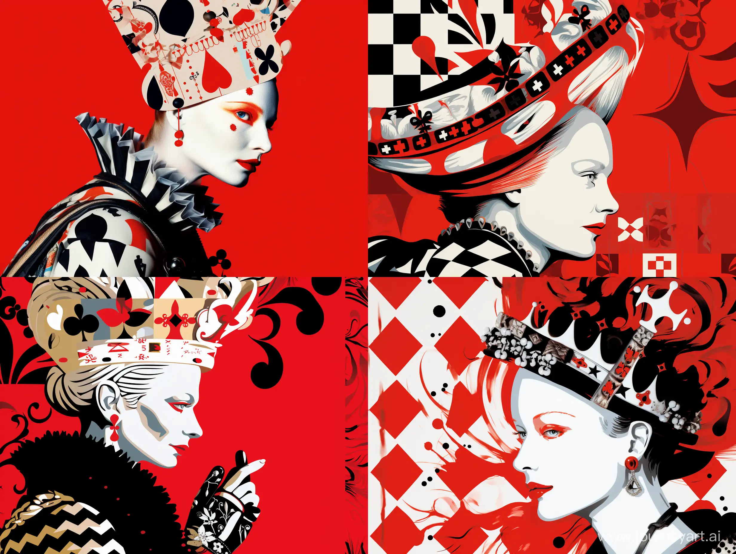 Waist-high portrait of Vivienne Westwood in profile, middle-aged, looking forward, with accessories from Vivienne Westwood, with a small crown on her head, many details, against the background of the pattern of the Vivienne Westwood logo, black, white, red, gray, white on the edge, fashion illustration style, pop art style