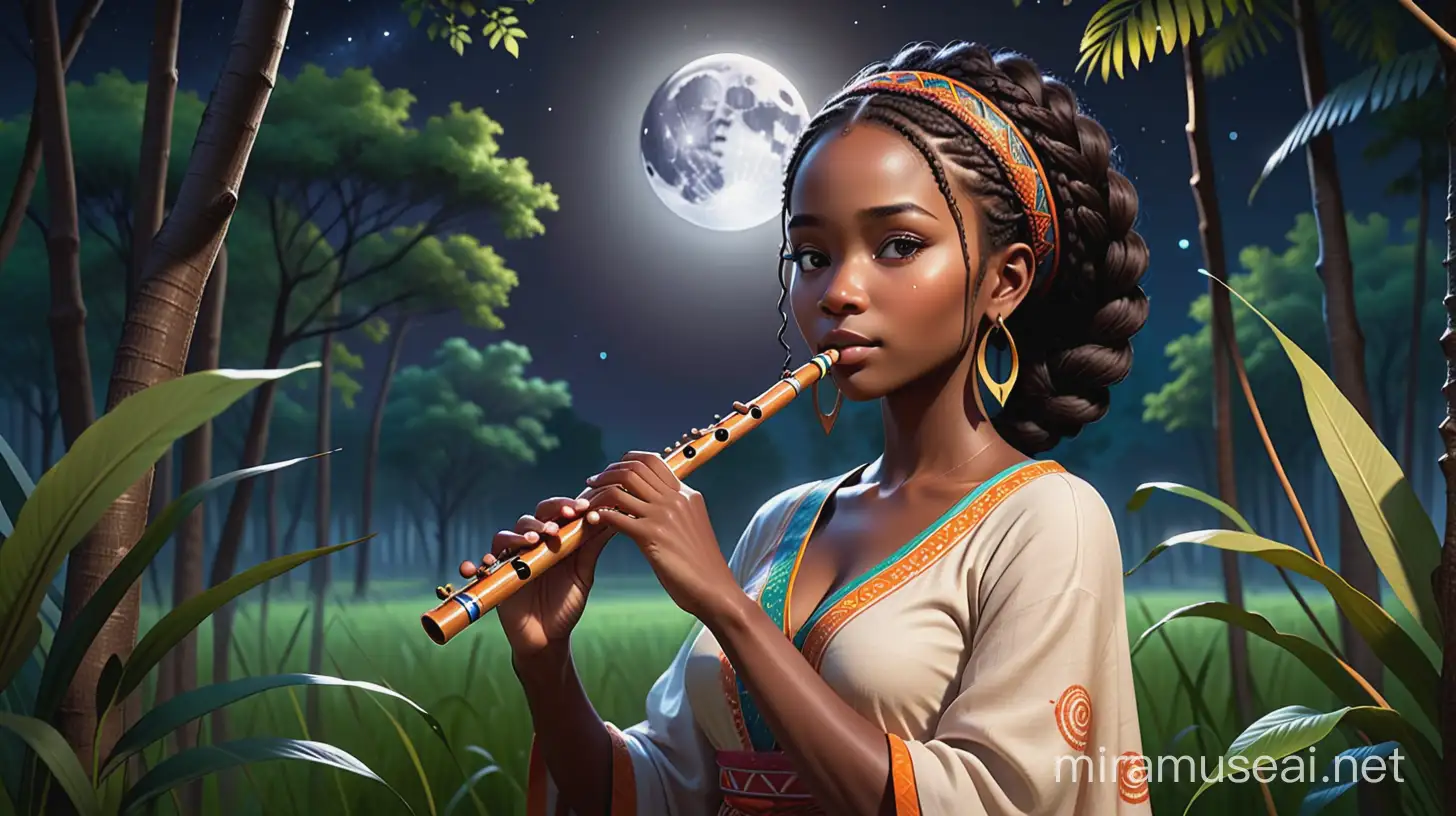 African Flute Player in Moonlit Clearing Enchanting Melodies Amidst Natures Beauty