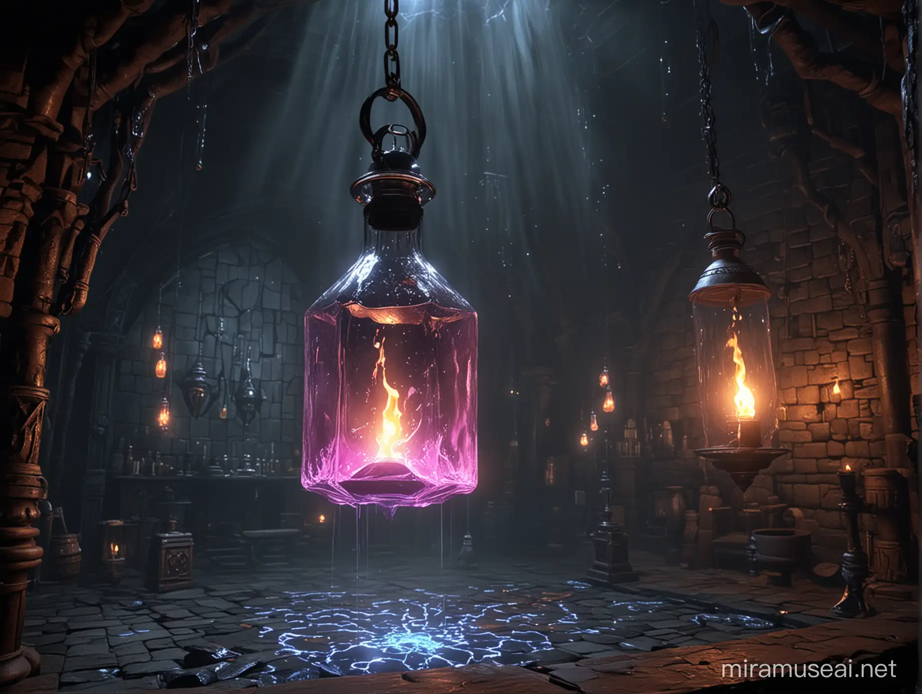 Enchanted Floating Flask with Luminous Potion in a Mystical Setting