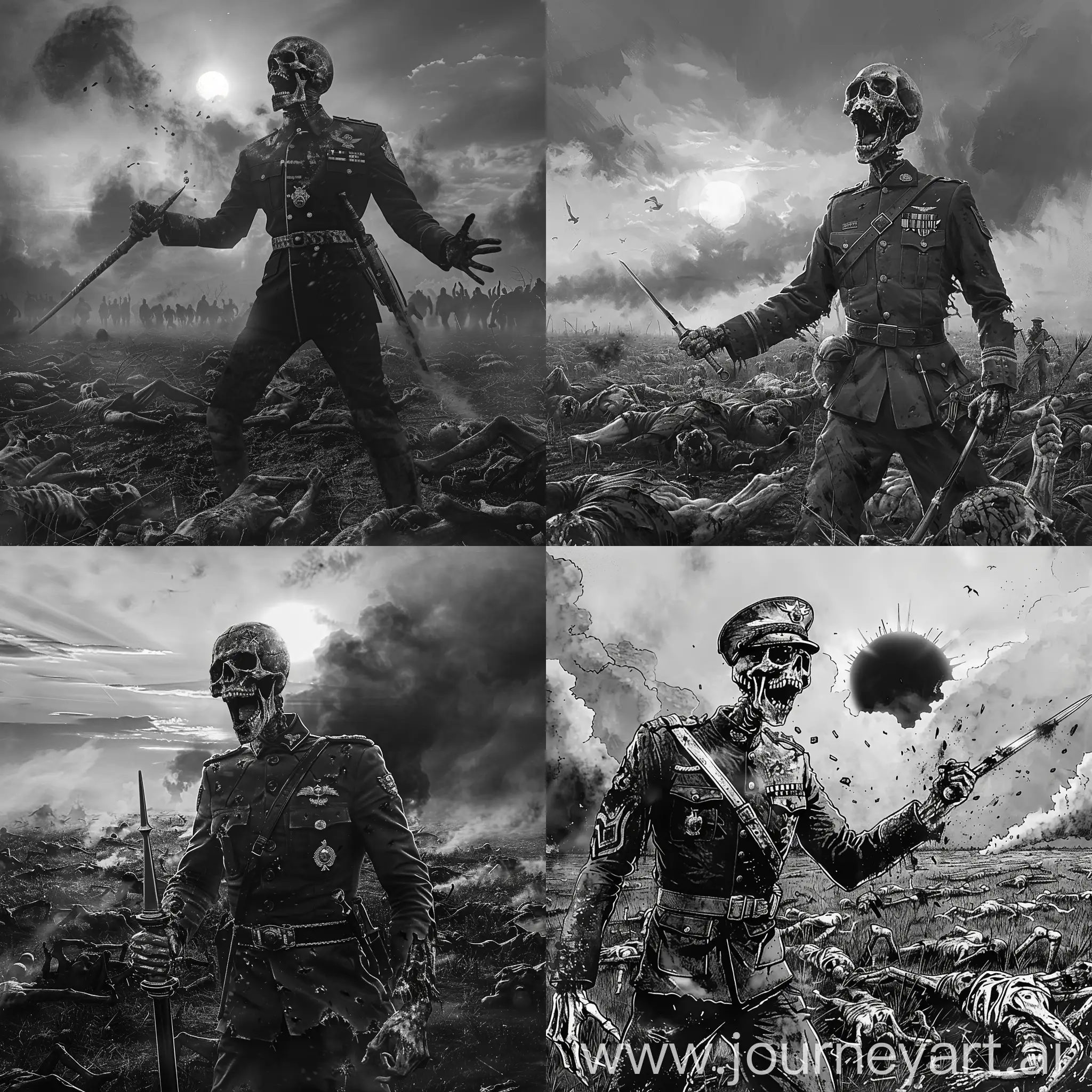 undead with officer's saber in hand, screaming skull, officer uniform, army, black sun, burned field, field full of dead bodies, smoke, smog, madness, monochrome
