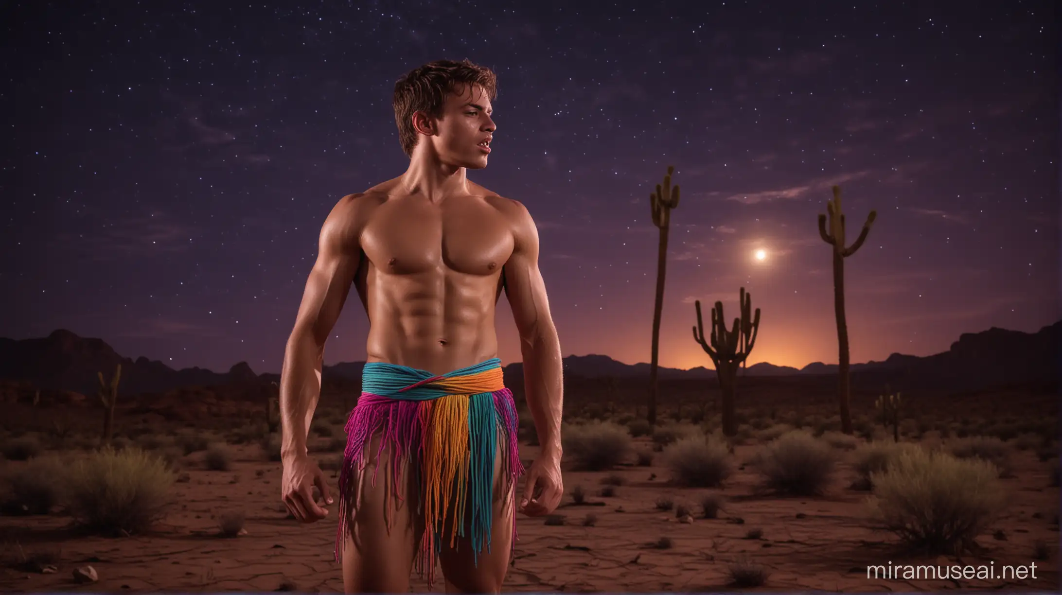 Sweaty muscular teenager boy in loincloth singing in the middle of the desert by night in neon colors ambient