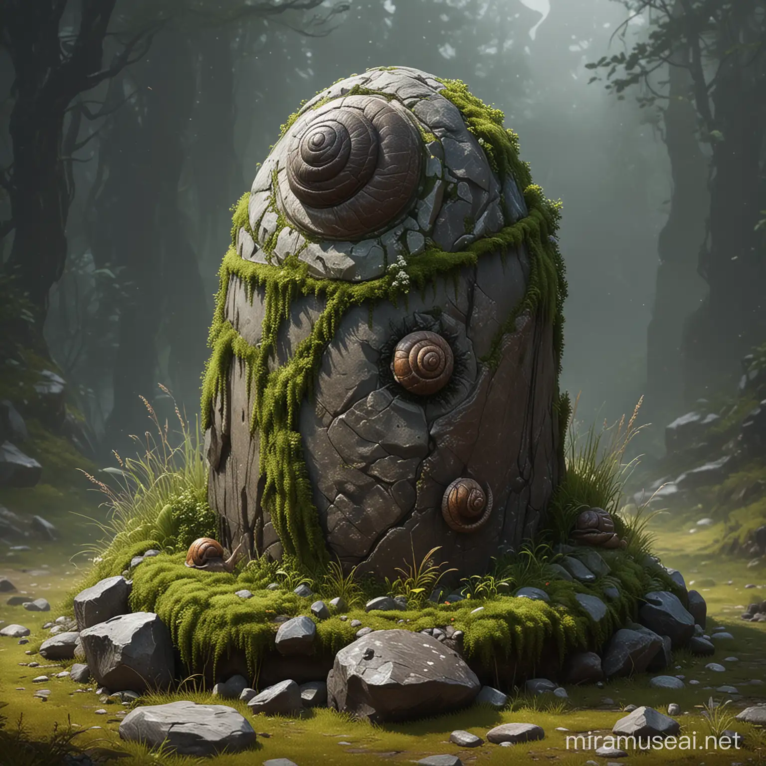 frontal view of snail-like full-height aggressive evil sapient standing stone made out of moss and rocks and grass and dirt, digital painting, game art, blizzard art style, art station