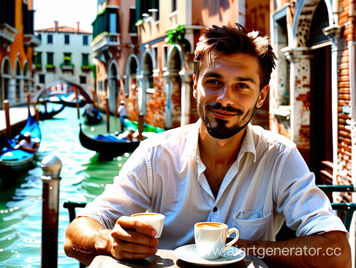 man with a short beard with a good mood, wearing a light shirt, sitting at a cafe table in the street, he holds a cup of delicious coffee in his hand, in the background of a street in Venice, he occupies one third of the image, summer sunny day, high quality, photography, beautiful, 64k,f/16, 1/300s, high resolution