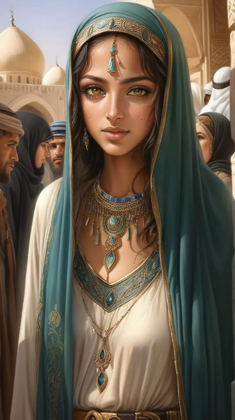 beautiful woman from medina, among the crowd, she has a light olive skin, with a beautiful tantalizing eyes, ancient times