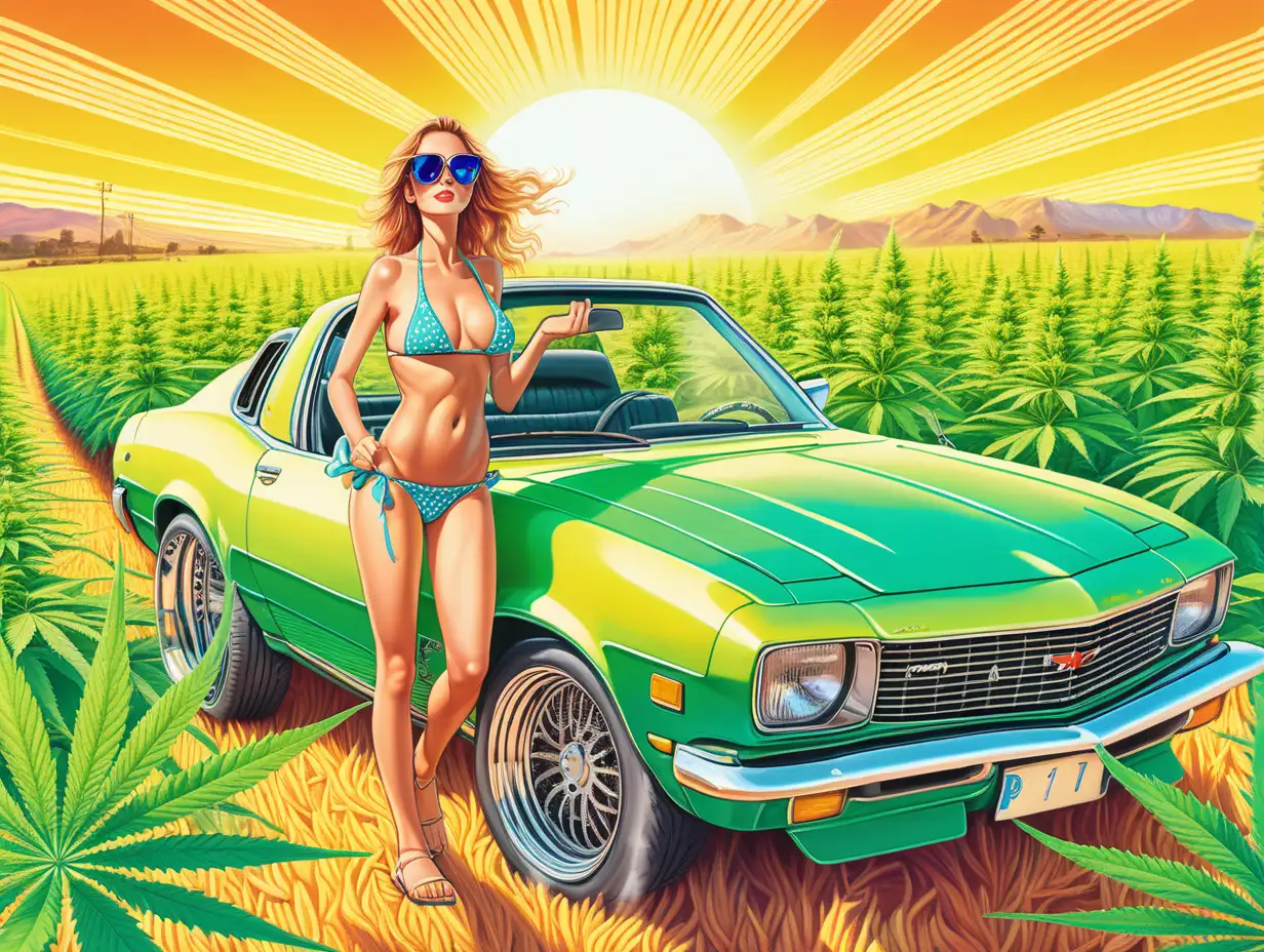 a fast colorful car in a field of cannabis with a beautiful woman in sunglasses and a bikini under bright sunshine
