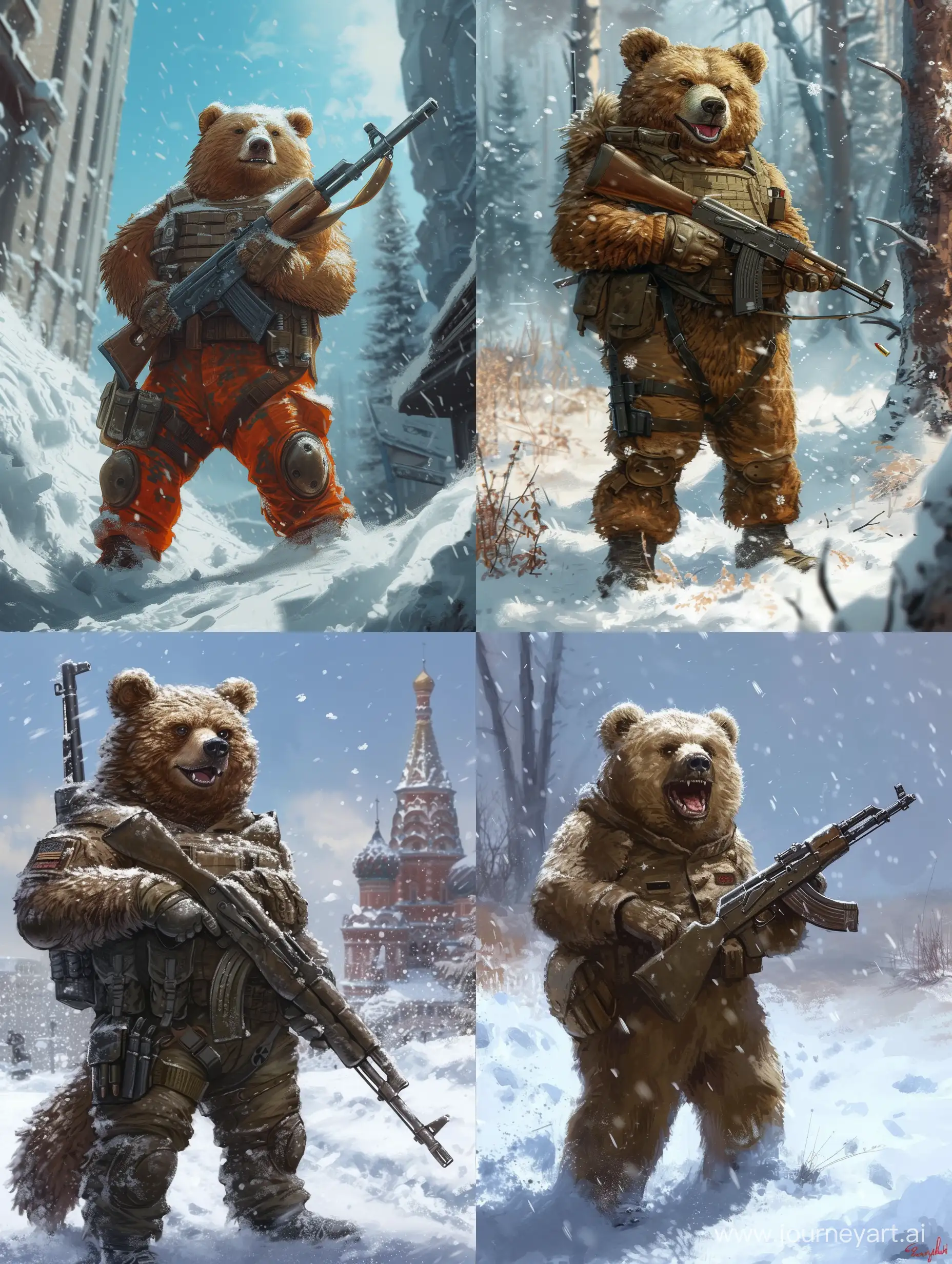 a happy bear with a gun standing in the snow, by Simon Ushakov, furry art,  🇷🇺, militaristic!!!, gta in moscow, 9gag, the motherland calls, r / paintedminis, 240p, photobashing, 8 к, excited russians