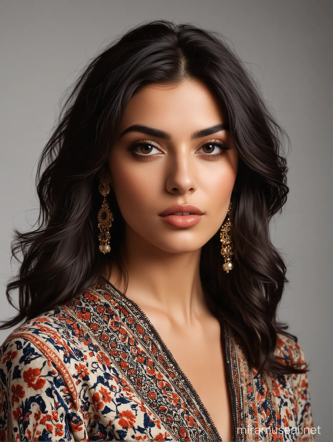 Create an ultra-realistic portrait of a modern Persian model exuding confidence and sophistication. The model has sleek, shoulder-length dark hair styled in loose waves. Their complexion is radiant, with a sun-kissed glow, and their makeup is subtle yet enhancing their features, emphasizing their expressive eyes and full lips. The model is dressed in high-fashion attire, perhaps a chic ensemble blending traditional Persian elements with contemporary flair. Think of bold patterns, luxurious fabrics, and stylish accessories. Place the model against a backdrop that reflects modern elegance, such as a sleek urban setting with architectural elements or a trendy studio space with soft, diffused lighting. Capture the model's poise and charisma, embodying the fusion of tradition and modernity that defines Persian fashion today