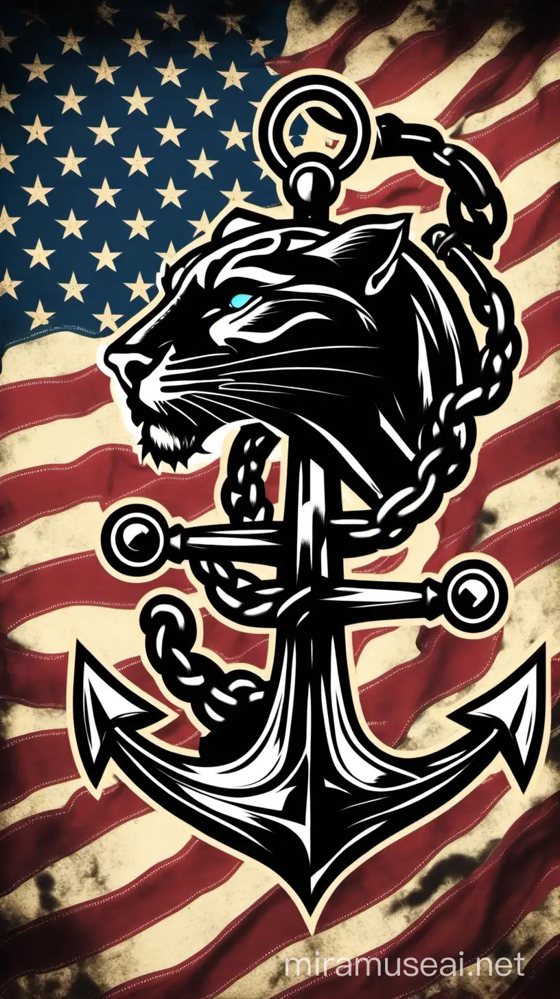 Majestic Panther Resting on Anchor with American Flag Background