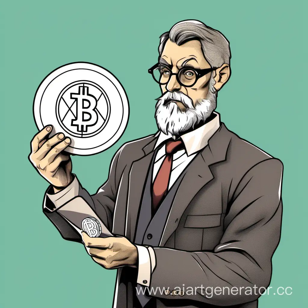 Персонаж профессорского типа держит в руках диаграмму, объясняющую криптовалюты.