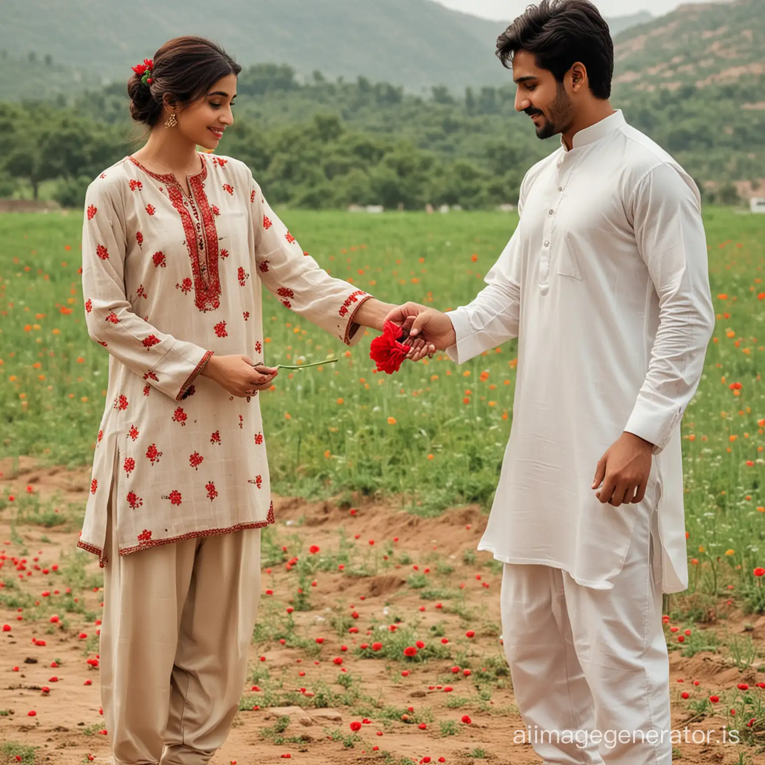 a man in shalwar qameez dress is give a red flower to lover