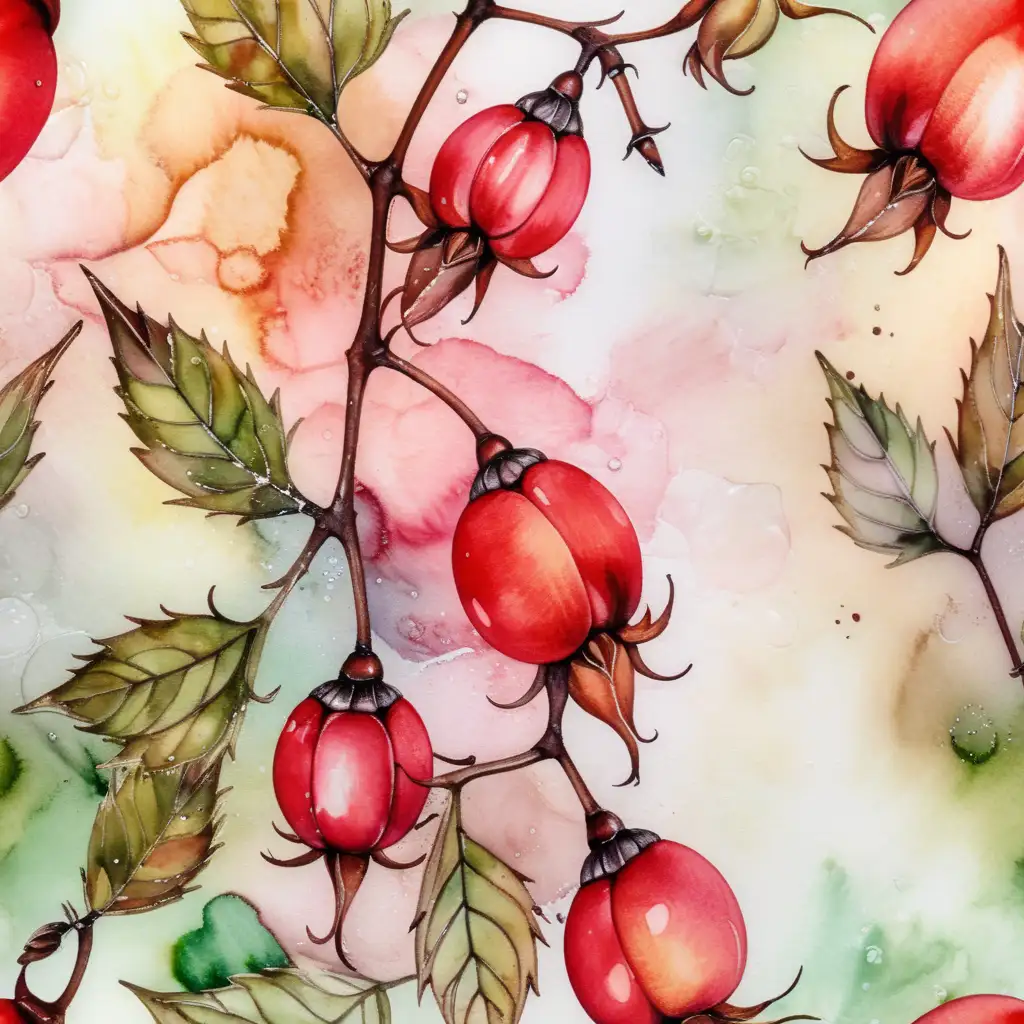 Vibrant Rosehip Illustration in Watercolor and Alcohol Ink