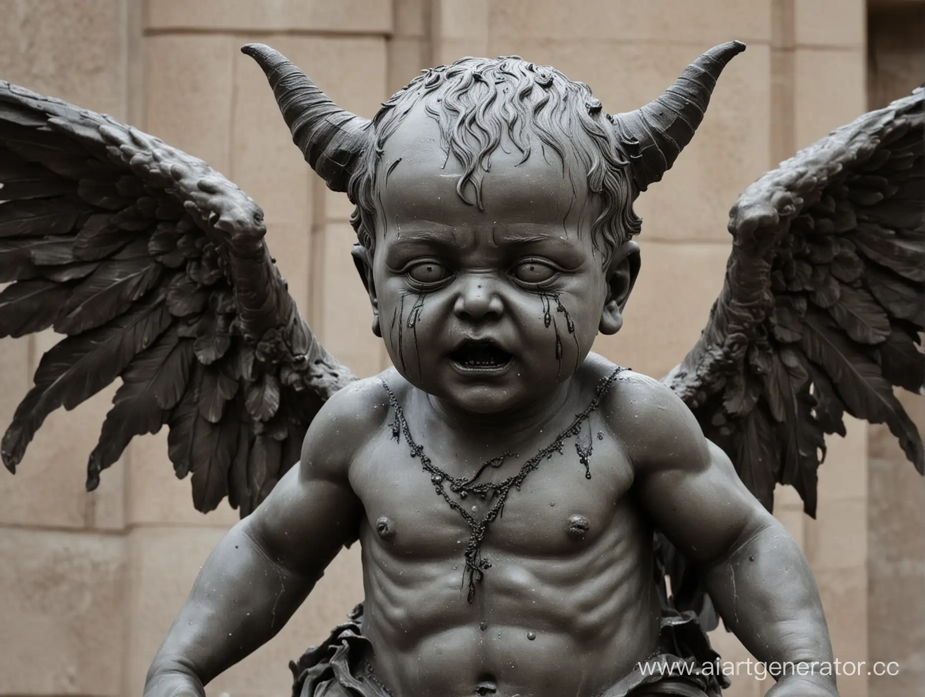 Жуткая статуя младенца с рогами и крыльями с черными слезами