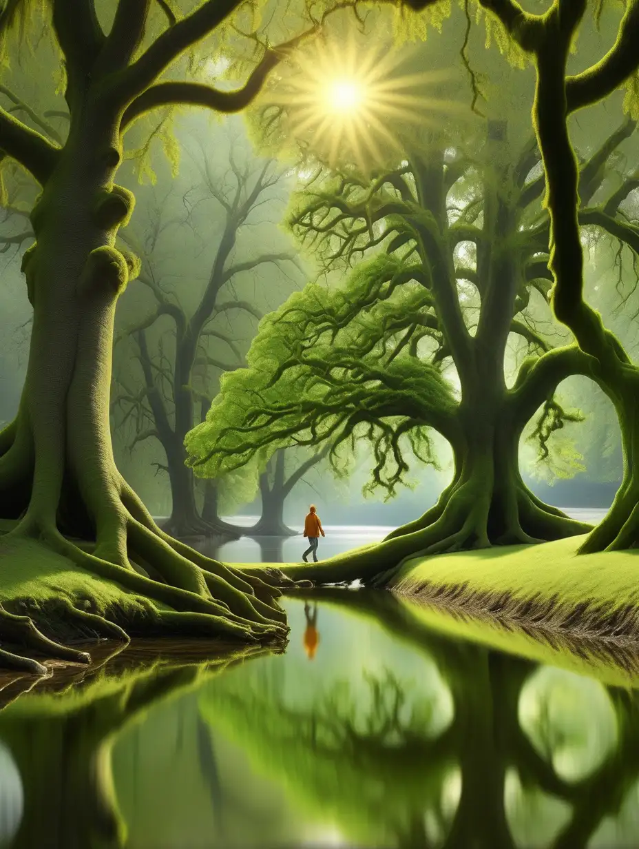 person walking along a beautiful river with oak trees with large root systems with green moss by the water add fire flies, butterflies, reflections, symmetry 
Theme: hope, faith, bright, happy, nature, beautiful,sunlight, 