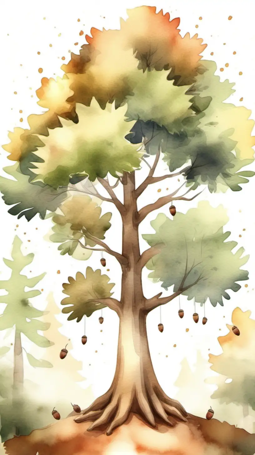 Enchanting Watercolor Depiction of a Majestic Acorn Tree in the Forest