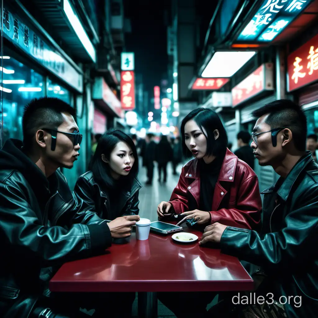a cyberpunk photographs of various scenes of people discussing discreetly in public places in asia
