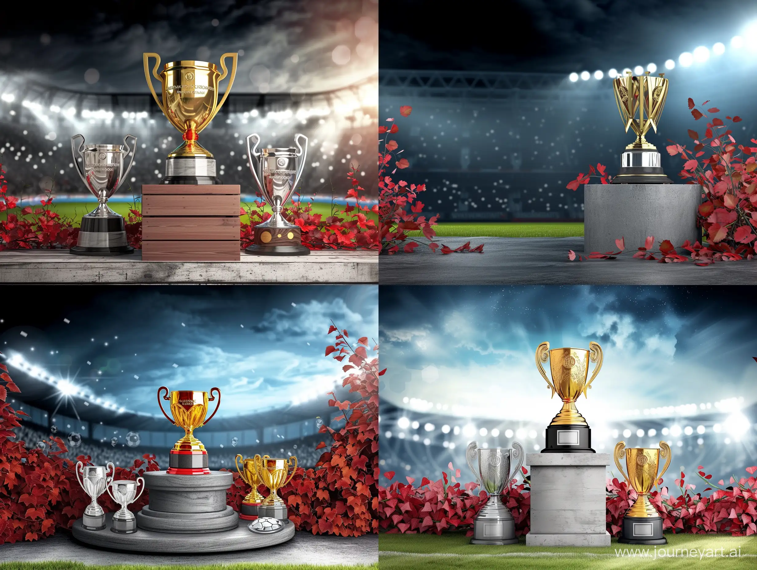 podium with gold and silver trophies in the soccer stadium with dramatic night lights, use grey and red vine colours