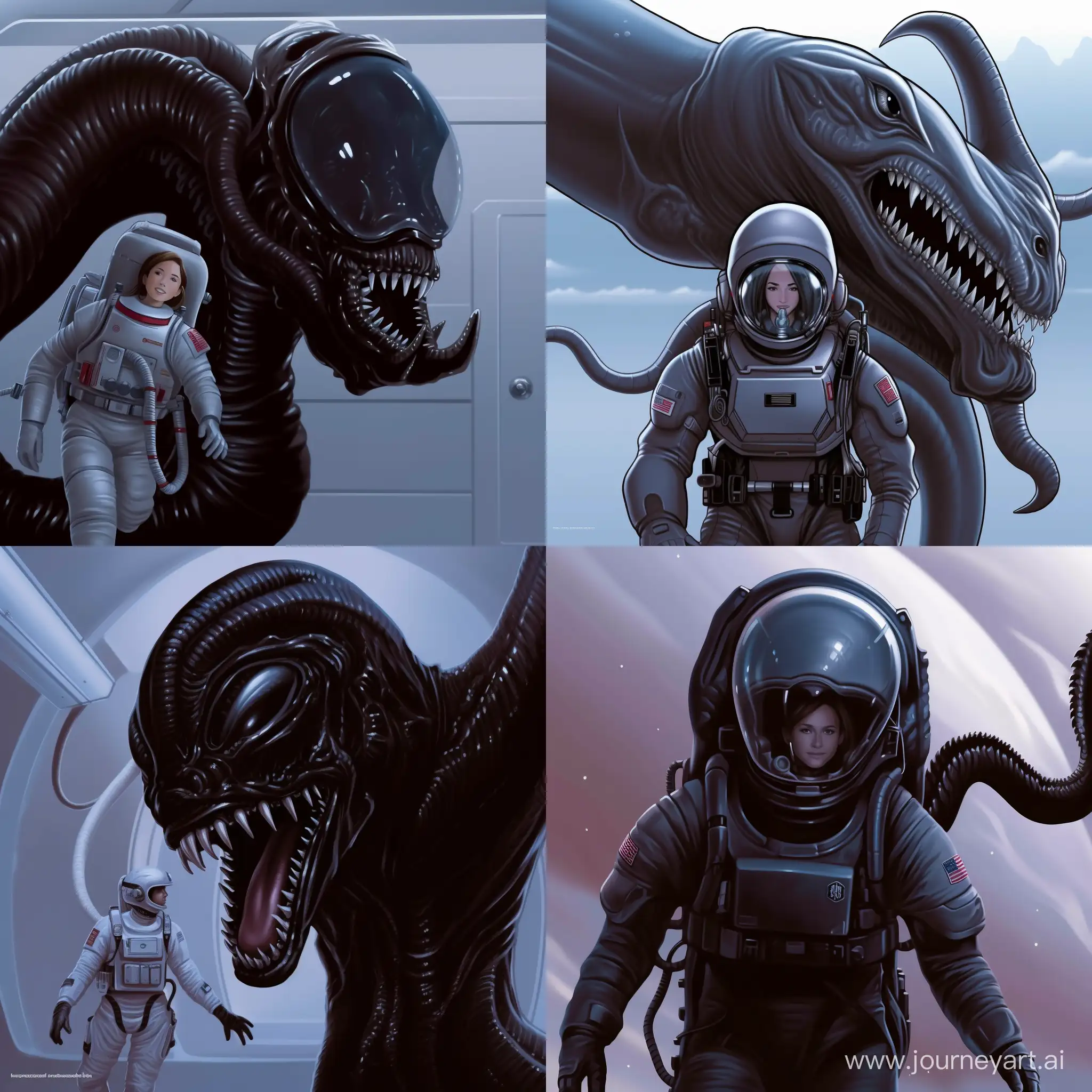 a girl climbs into a space suit, a large xenomorph from the movie "Alien" looks down on her, saliva flows from his open mouth.
