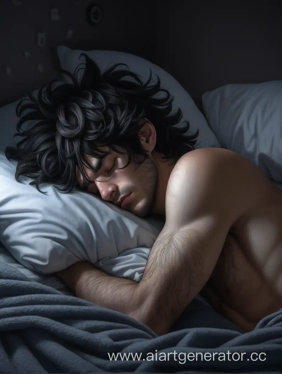 Парень с чёрными растрепанными волосами спит в постели без футболки накрытый одеялом в темной комнате.
