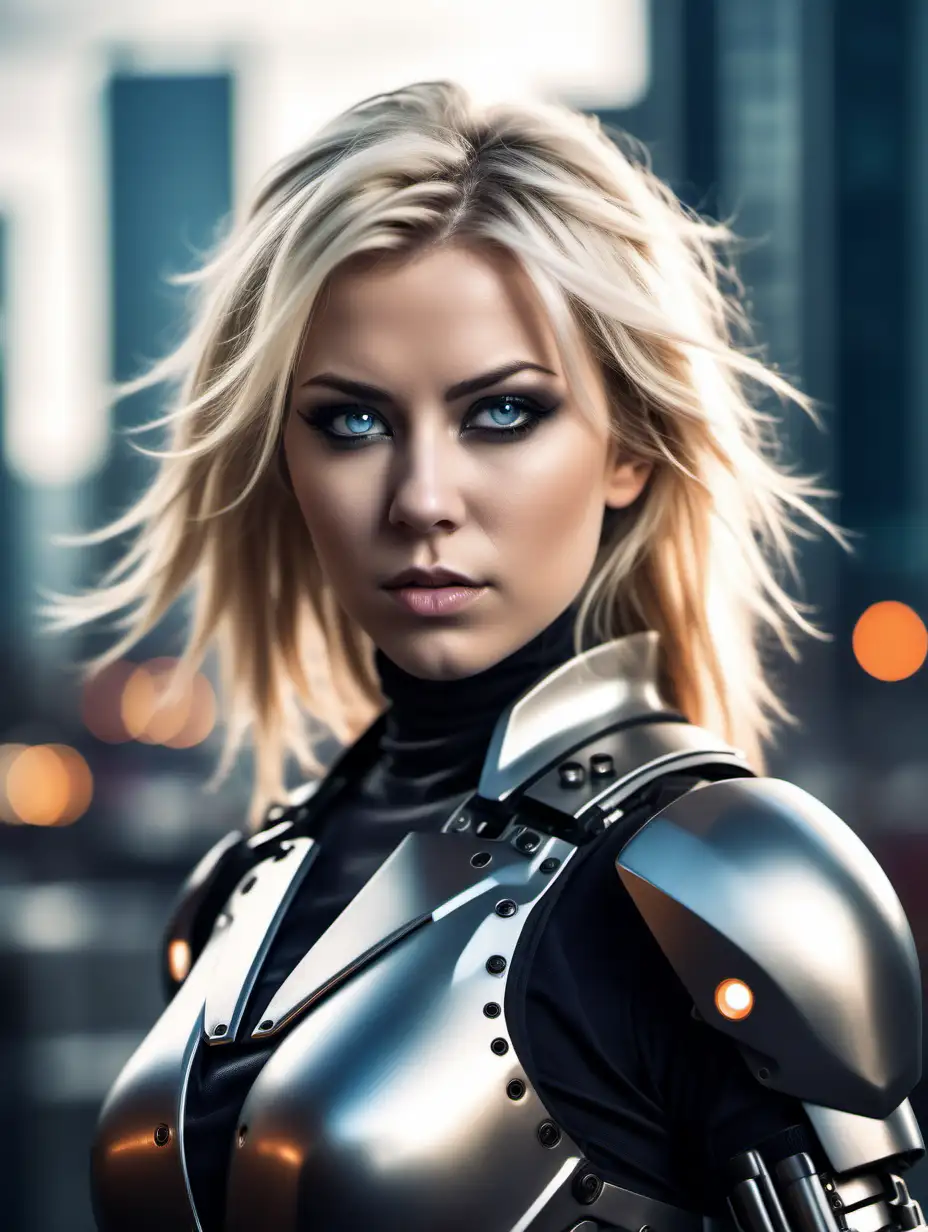 Beautiful Nordic woman, very attractive face, detailed eyes, big breasts, dark eye shadow, messy blonde hair, dressed as a robot ninja assassin, in full body armor, extremely close up photo, bokeh background, soft light on face, rim lighting, facing away from camera, looking back over her shoulder, standing in front of a futuristic style city, photorealistic, very high detail, extra wide photo, full body photo, aerial photo
