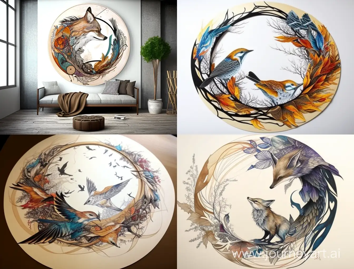 Circular-Abstract-Ink-Drawing-with-Fox-Leader-and-Delicate-Birds-Ornaments
