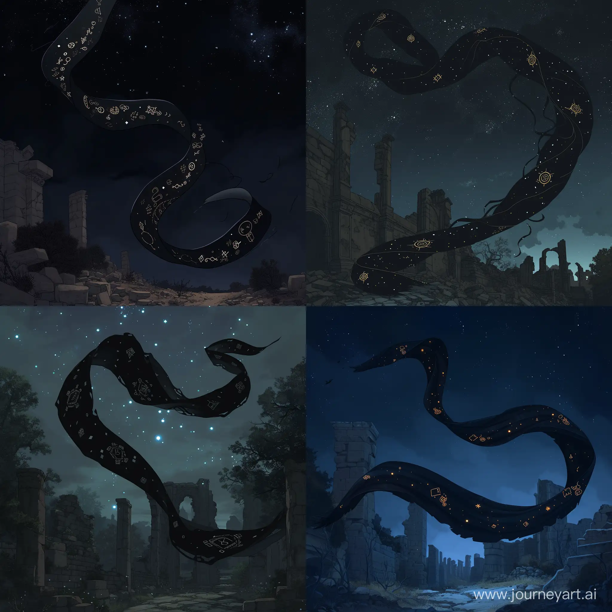 A graceful black ribbon, filled with mysterious symbols, glowing brightly, floats smoothly through the air amid the dark night at abandoned ruins. Anime style. --v 6 --ar 1:1 --no 65619