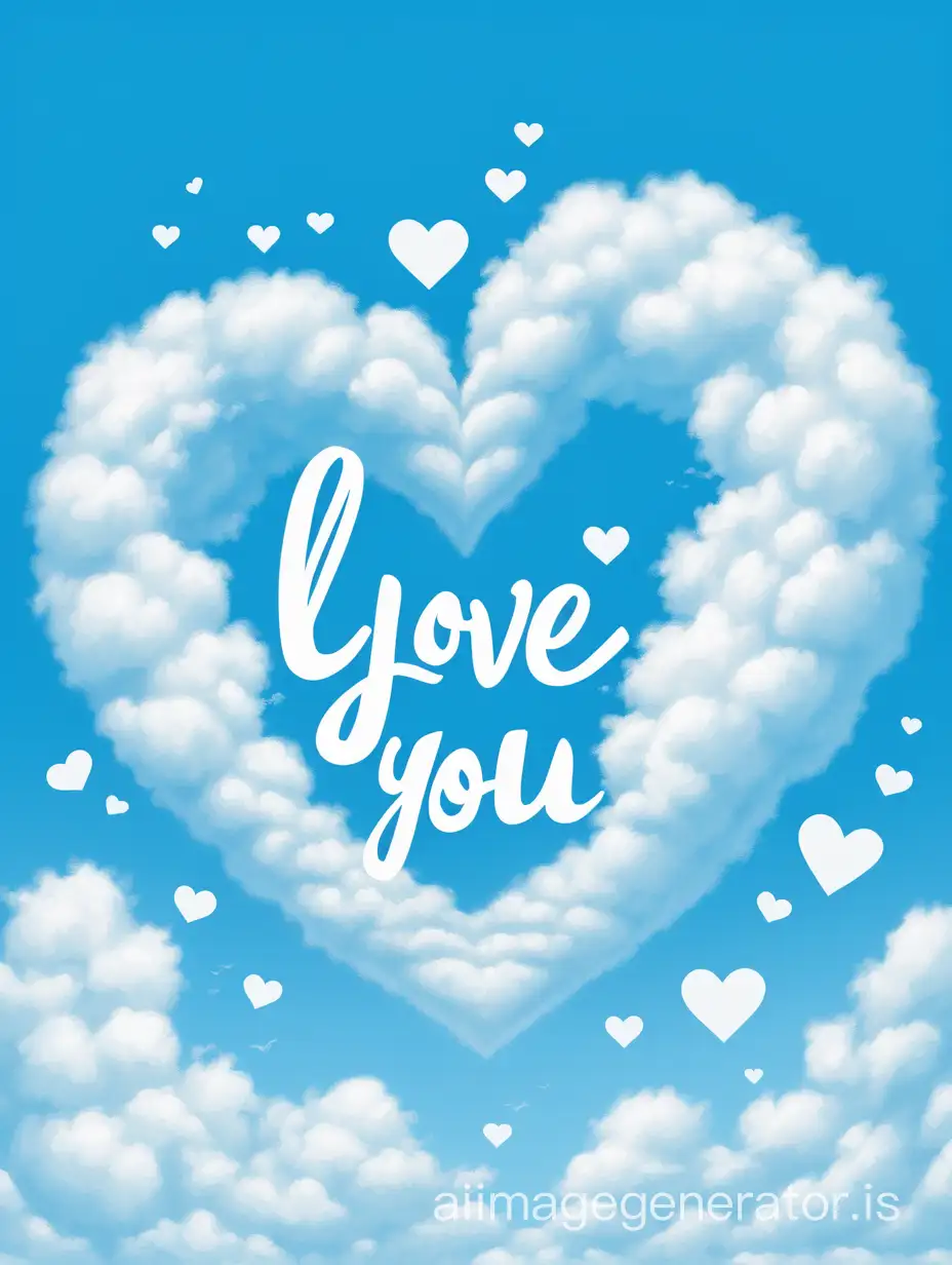The background is a blue sky with a white cloud, and using the white cloud as a material, a piece of text is generated in front: I love you all. The entire cloud, the shape of the cloud should be natural.