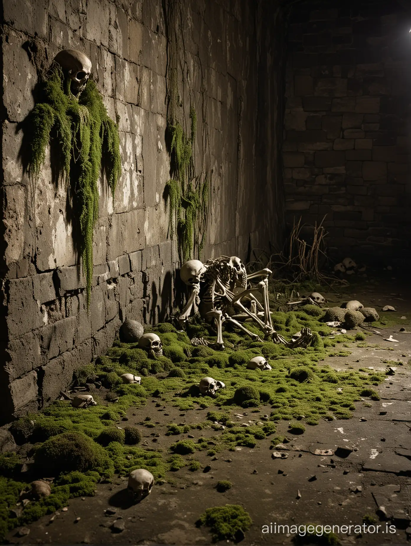 [crouching monsters hiding] in an old dungeon. [dead skeleton] and bones scattered around the floor. very low light. moss and floor and walls. rotting tapestry on walls 