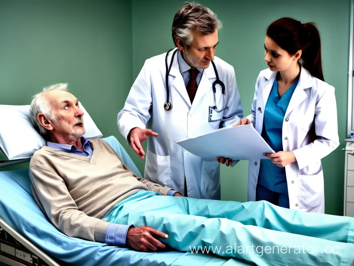 Врач и медсестра договариваются о том, как будут транспортировать пациента - мужчину 76 лет с переломом бедра