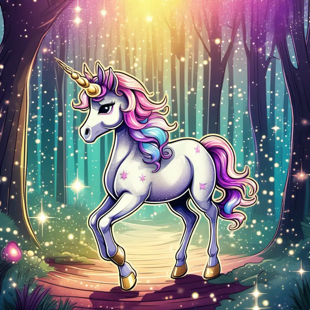 a beautiful sparkly magical unicorn in cartoon style walking through a forest