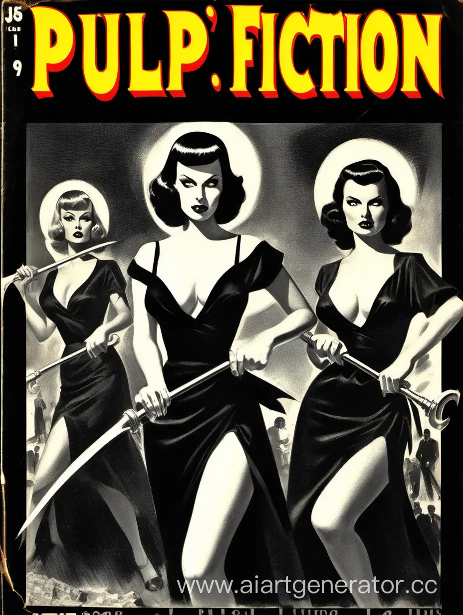 1950's style Pulp fiction book cover of  3 sexy death women with scythes