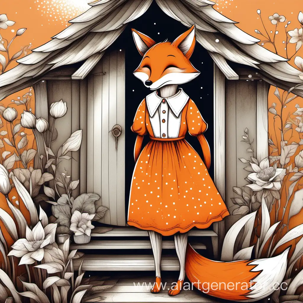 Сказка, в стиле цифрового рисунка, Лиса в  оранжевом сарафане с белым воротничком зовёт в свой домик