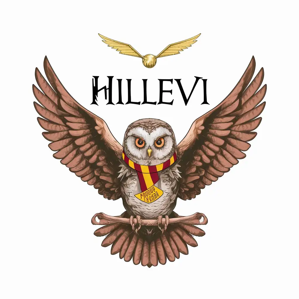 logo, Owl hedwig with Gryffindor scarf and a golden snitch above the head, with the text "Hillevi", typography