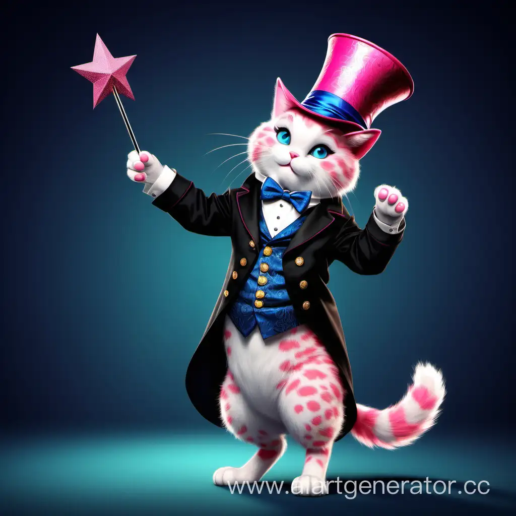 Розовый кот в шляпе фокусника стоит на задних лапах. Одет во фрак. В одной лапе волшебная палочка, в другой кролик.