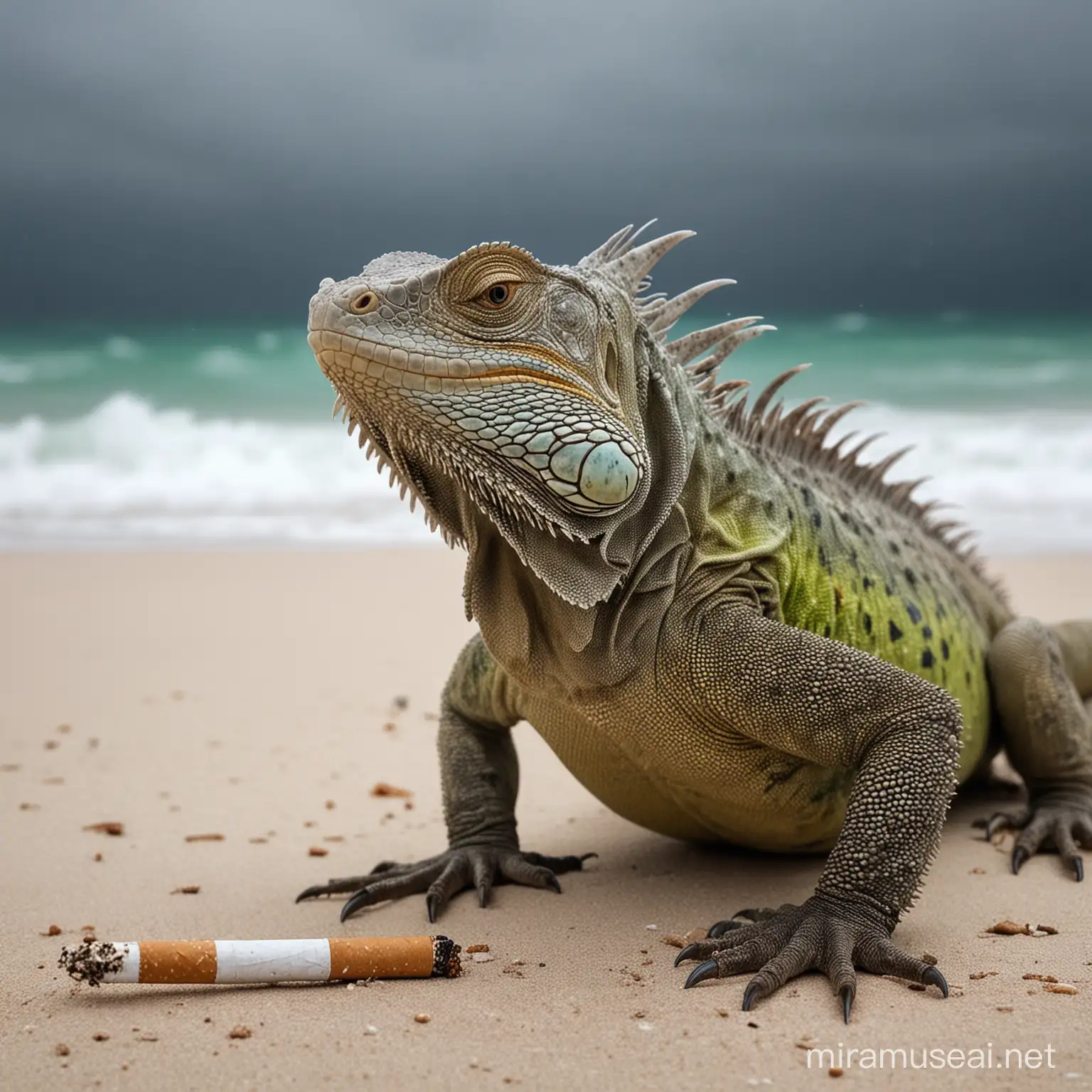iguana on the beach in winter under the storm with a cigarette in the mouth