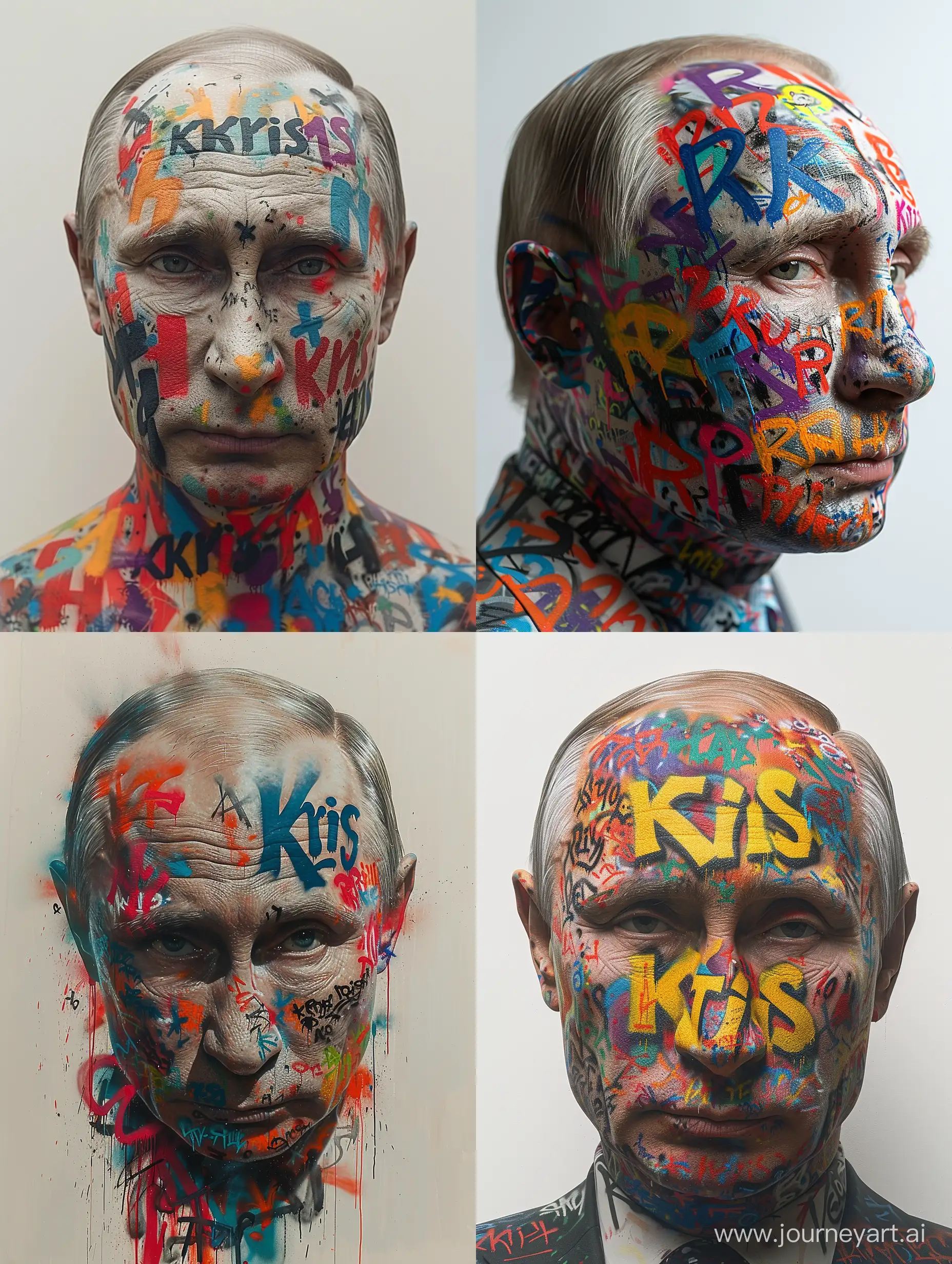 Vladimir Putin face  with wildstyle graffiti. The intricate and dynamic graffiti lettering covers all the surface, featuring bold tags, complex shapes, and bursts of contrasting colors all worded "Krish". The minimalist white backdrop enhances the focus on the graffiti-covered putin, creating a visually dynamic and thought-provoking composition. The clash of putin  with the energetic chaos of wildstyle graffiti symbolizes the intersection of political expression and contemporary urban culture in a clean and minimalist setting --ar 3:4 --stylize 1000 --v 6