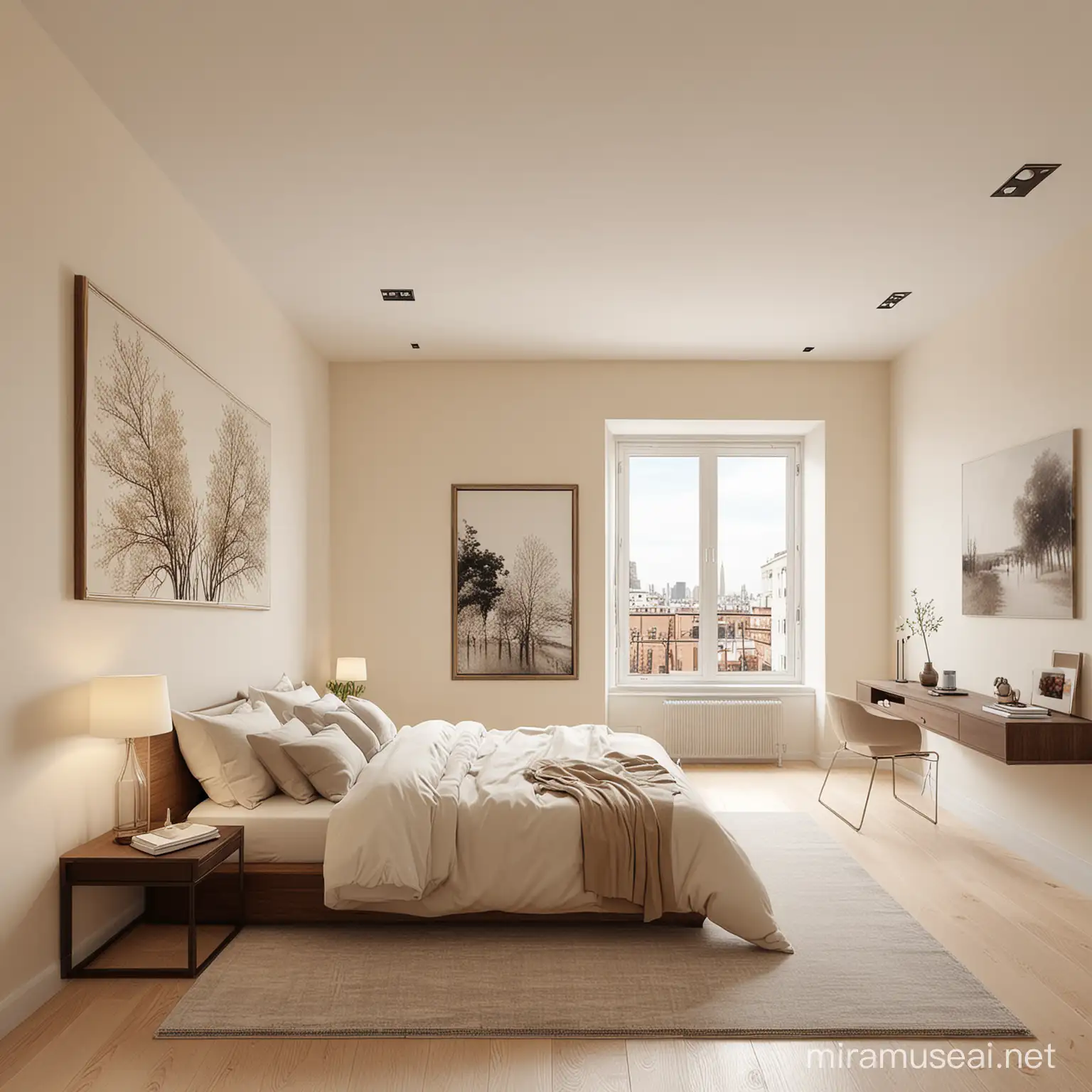 Minimalist Bedroom with Cream Walls and Beautiful Artwork on Second Floor Apartment